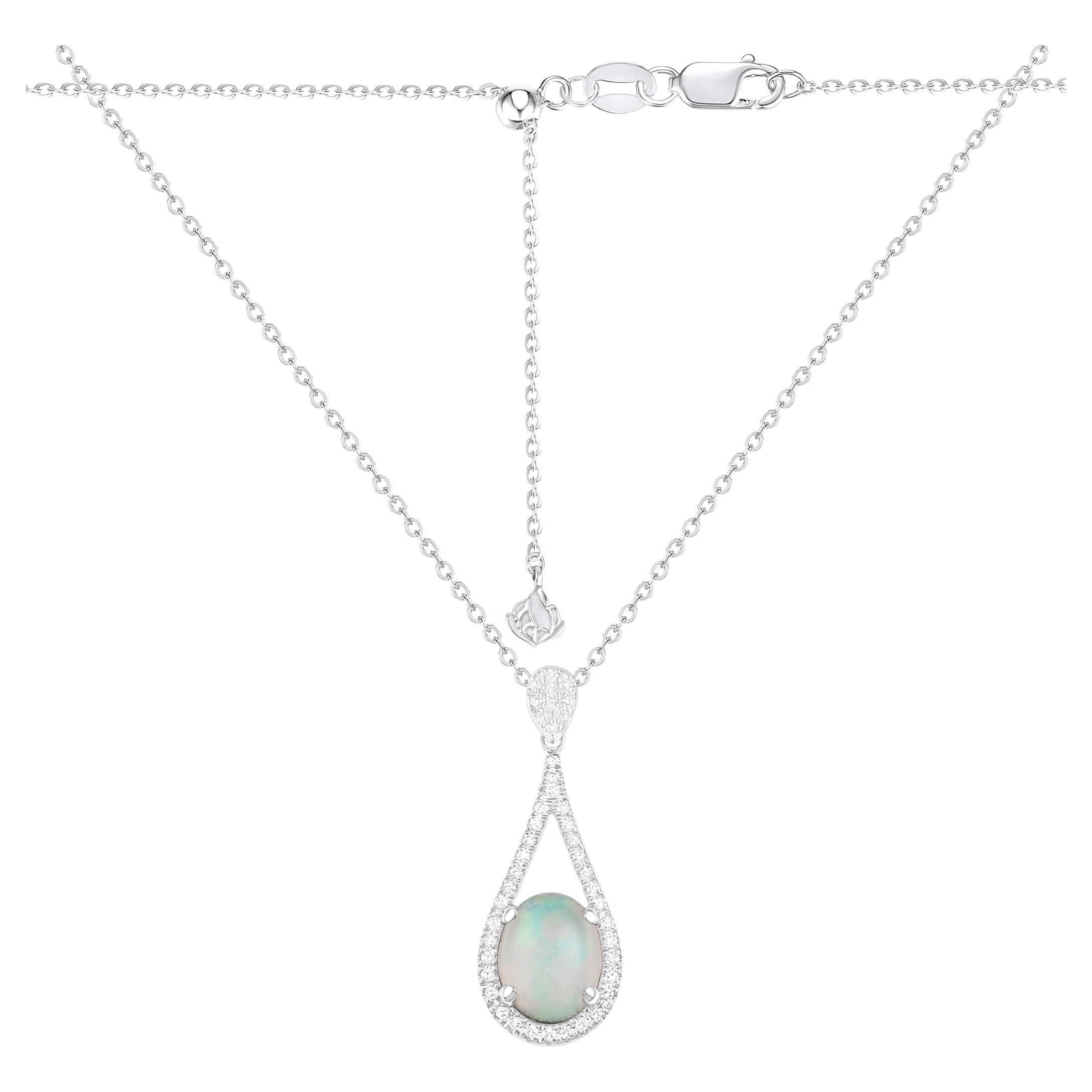 Collana con ciondolo Opale, lunghezza regolabile in oro bianco 14K con chiusura a moschettone in vendita