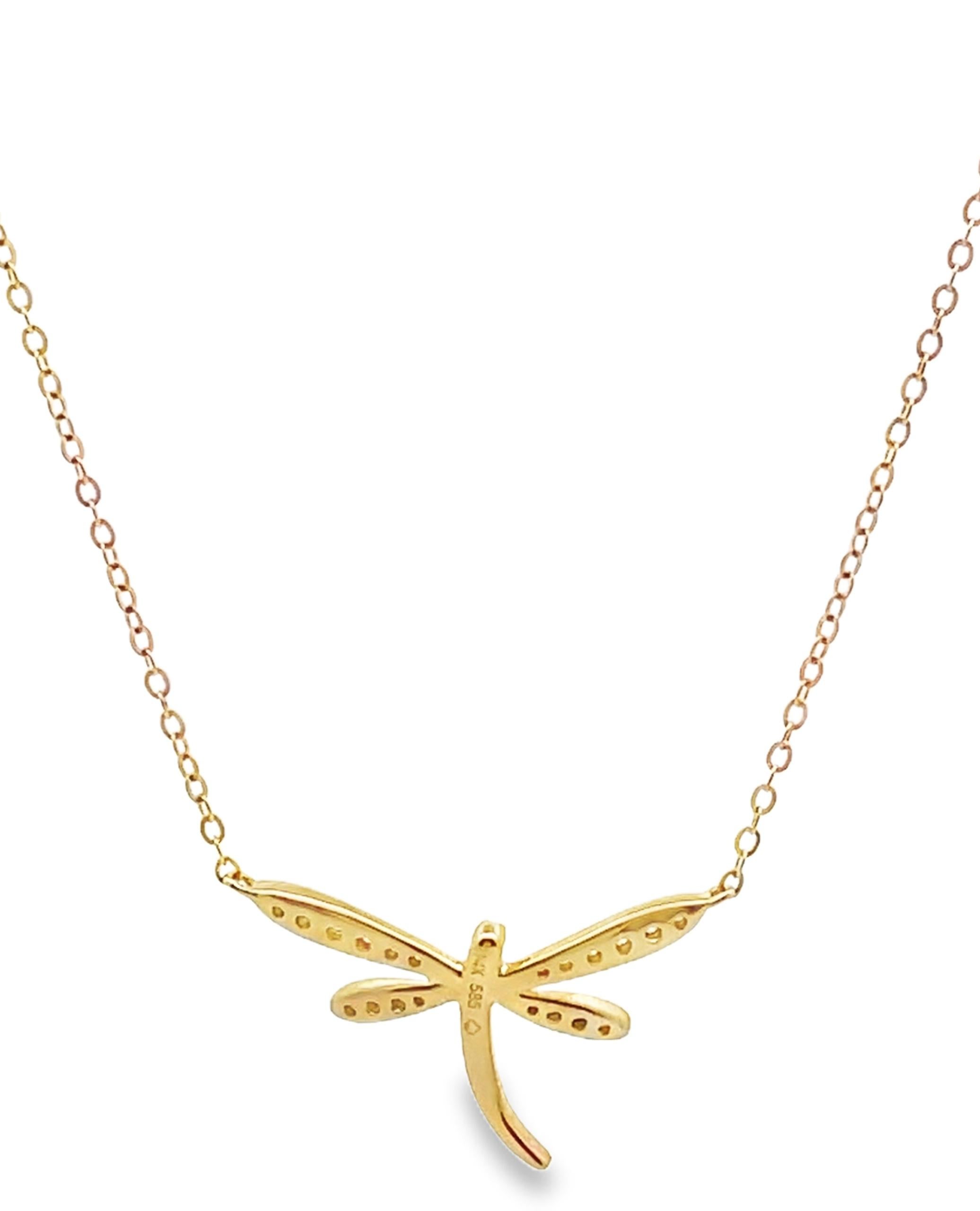 Taglio rotondo Collana Dragonfly con diamanti in oro giallo 14K in vendita