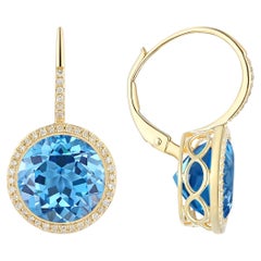 Round Blue Topaz and Diamond Drop Earrings in 14K Yellow Gold with Leverbacks