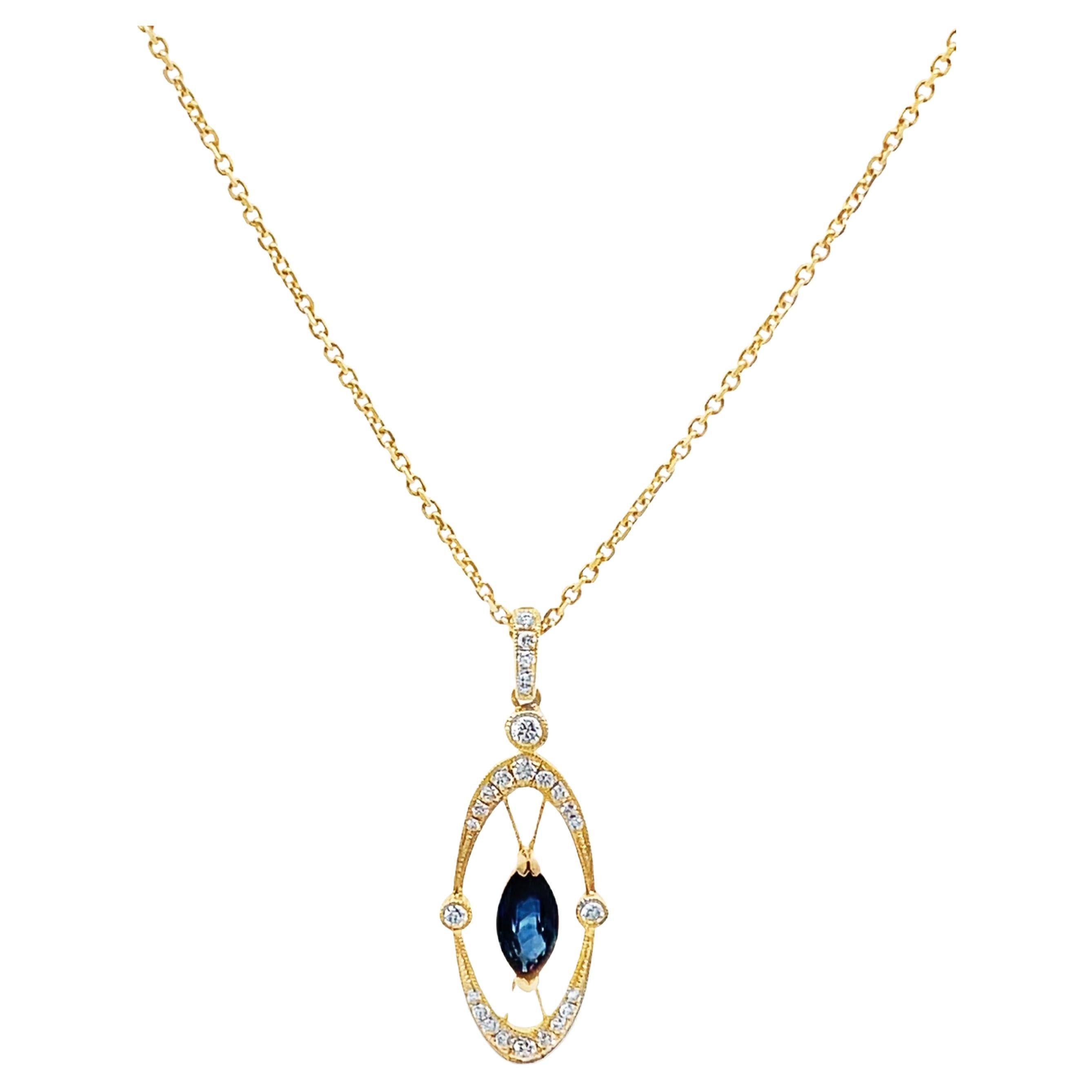 Marquise Form Blauer Saphir und Diamant Anhänger Halskette in 14K Gelbgold (Zeitgenössisch) im Angebot