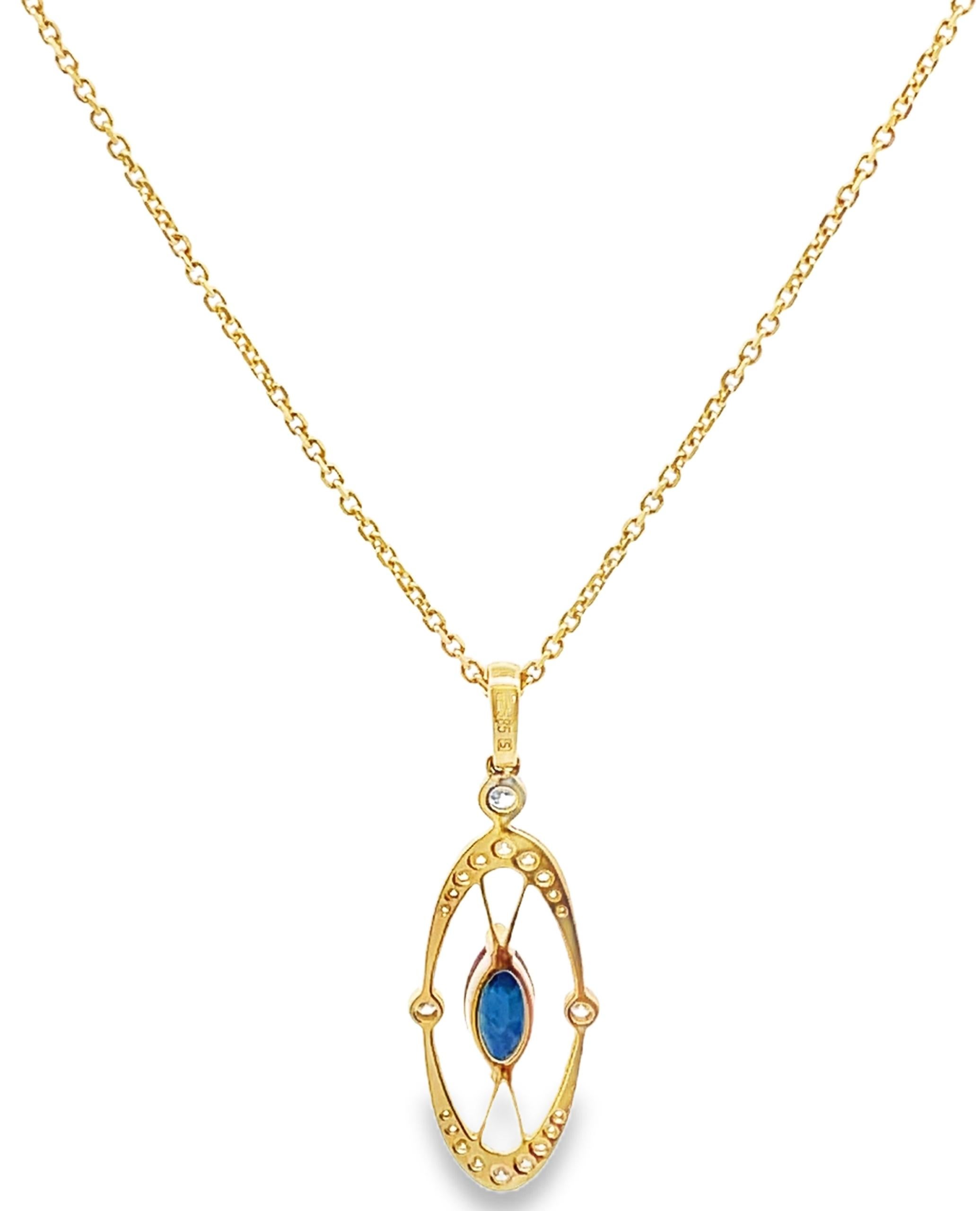 Marquise Form Blauer Saphir und Diamant Anhänger Halskette in 14K Gelbgold im Zustand „Neu“ im Angebot in Old Tappan, NJ