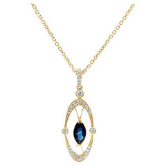 Marquise Shape Blue Sapphire and Diamond Pendant Necklace in 14K Yellow Gold