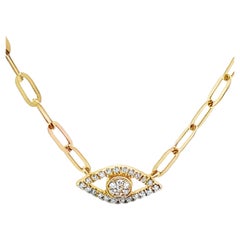 Paperclip Evil Eye Adjustable Length Necklace 14K Yellow Gold with Lobster Lock
