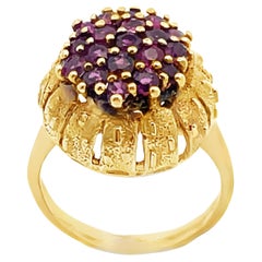 Ruby Cluster Ring in Elevated Cathedral Textured Setting in 14K Yellow Gold