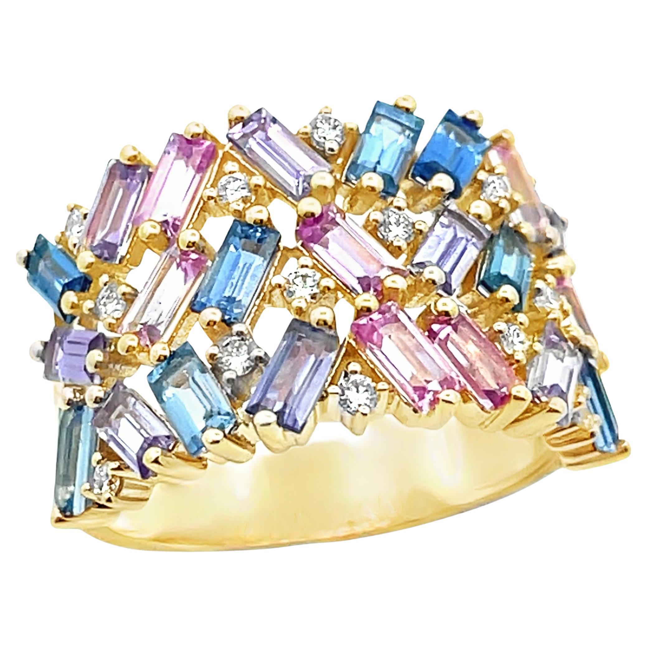 Multicolor Sapphire Confetti Geometric 14K Yellow Gold Ring with Round Diamonds