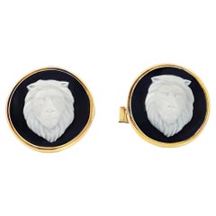 Vintage Black Wedgwood Lion Head Medallion Cufflinks Bezel Set 14K Yellow Gold