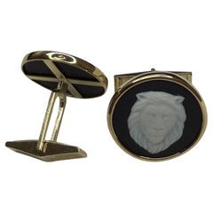 Vintage Black Wedgwood Lion Head Medallion Cufflinks Bezel Set 14K Yellow Gold