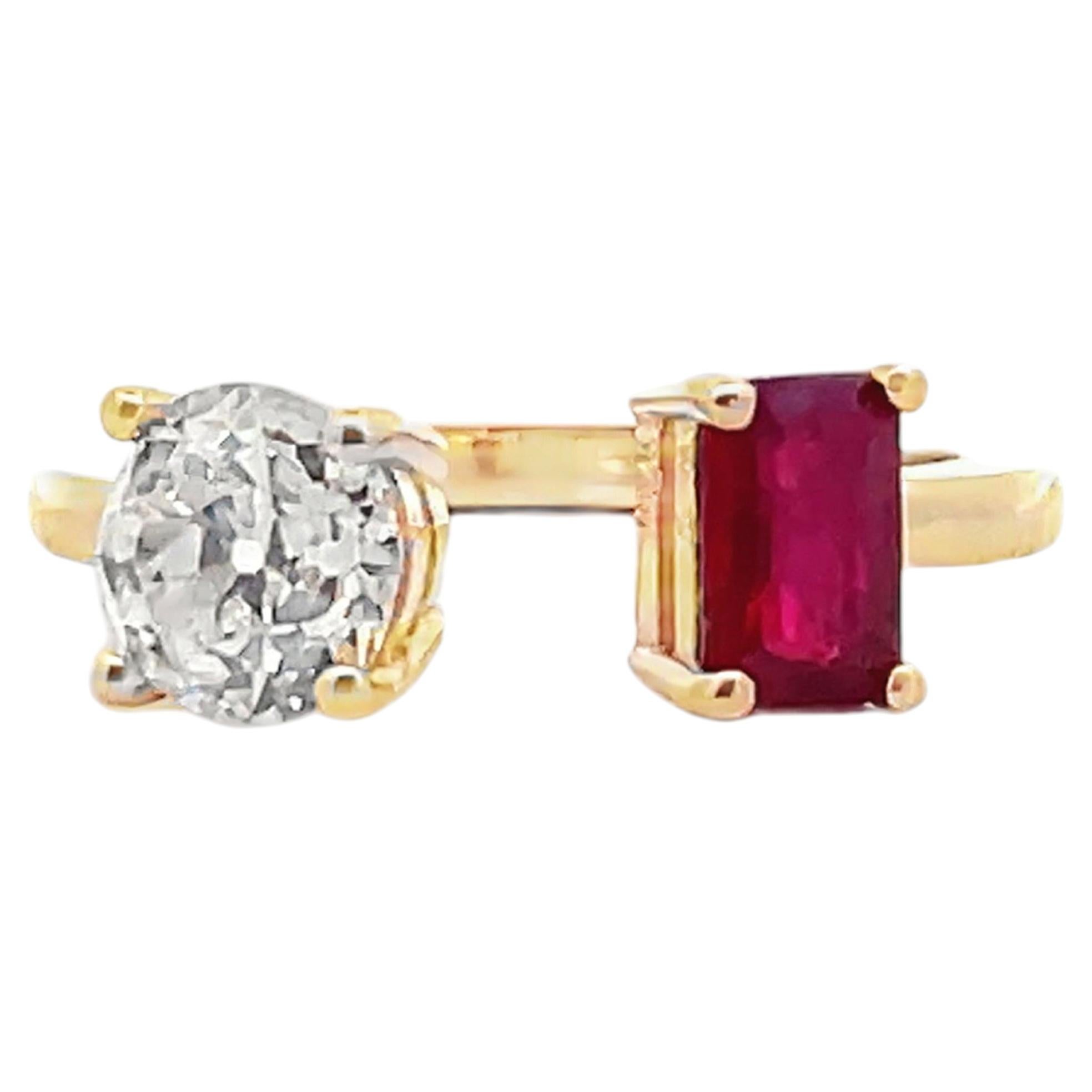 Anello bypass in oro giallo 14 carati con rubino da 0,76 carati e diamante da 1,06 carati in vendita