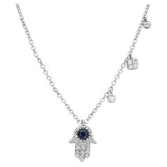 Meira T N12078 14K White Gold Diamond and Blue Sapphire Hamsa Necklace