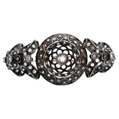 Vintage Bangle Bracelets, Rose Gold and Silver, Rough Diamonds, Scalloped Petals
