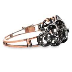 Vintage Bangle Bracelets, Rose Gold and Silver, Rough Diamonds, Scalloped Petals
