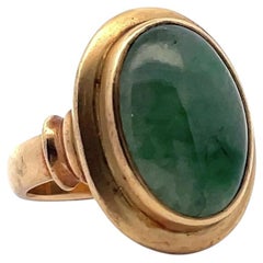 Vintage 14K Yellow Gold Bezel Set Oval Jade Ring with Matte Finish
