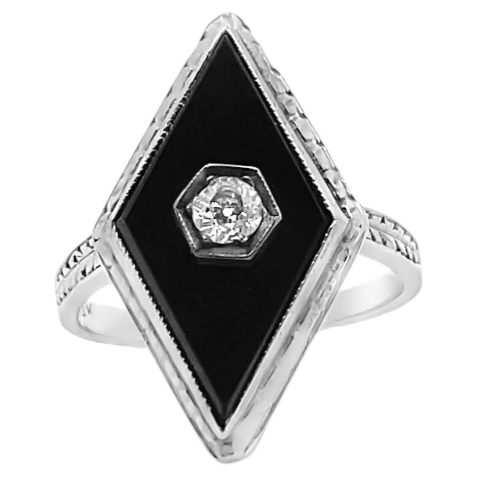 Anello vintage in oro bianco 14 carati, stile Art Déco, con onice nero allungato e diamante rotondo