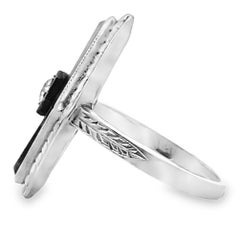 Vintage 14K White Gold, Art Deco Style, Elongated Black Onyx Ring, Round Diamond