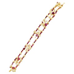 Vintage 18K Yellow Gold Double Strand Ruby and Diamond Bracelet 7 Inches