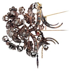 Vintage 10K Gold & Silver Openwork Floral Hair Brooch Pin, Rough Cut Diamonds