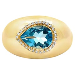 14K Yellow Gold Domed Ring With Diamonds 0.08 Carat & Blue Topaz 1.72 Carats