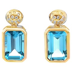 14K Yellow Gold Rectangular Earrings With Two Blue Topazes Totaling 9.84 Carats