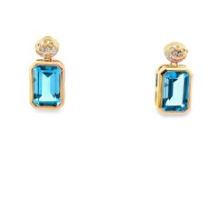 14K Yellow Gold Rectangular Earrings With Two Blue Topazes Totaling 9.84 Carats