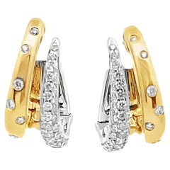 14K Yellow And White Two-Tone Gold Double Hoop Earrings With Round Diamonds