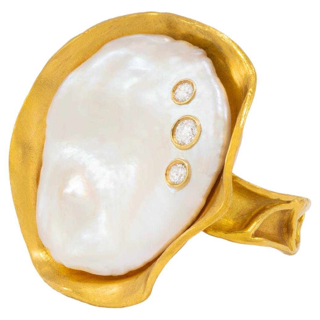 Diamond and Pearl Cocktail Ring in 22k Gold, by Tagili For Sale