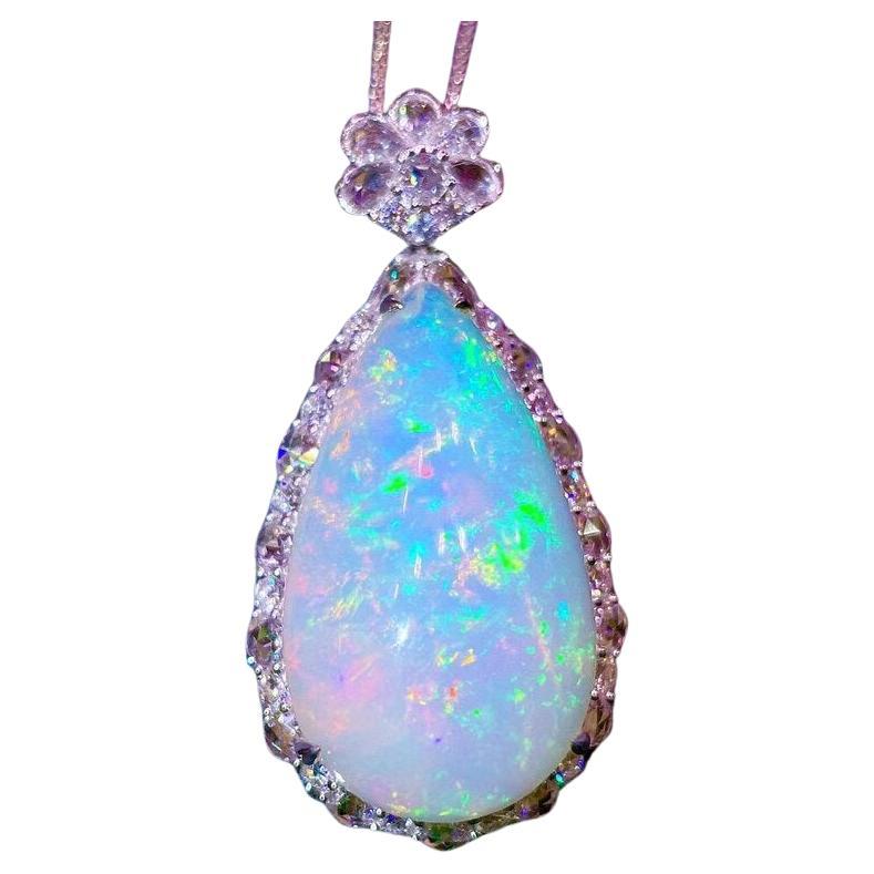 Opal Diamond Necklace 18 Karat White Gold For Sale
