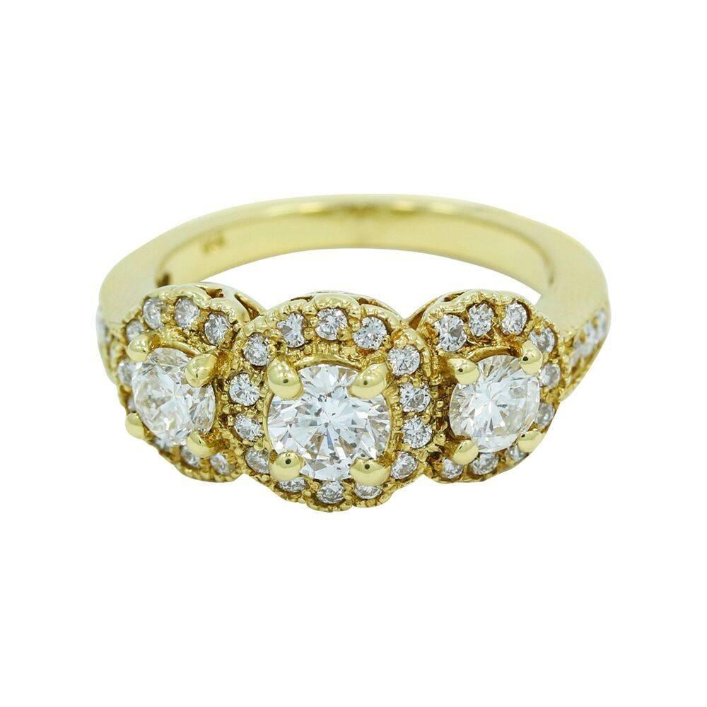 Three Stone Diamond Yellow Gold Ring  For Sale