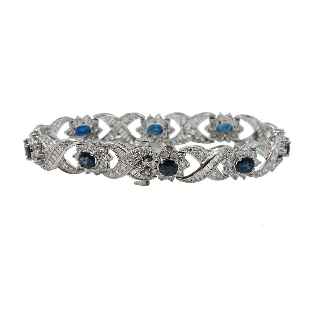 Oval Sapphire Diamond Platinum Bracelet For Sale