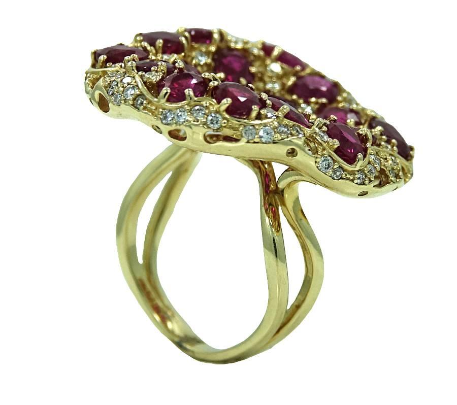 14K Yellow Gold Ring With 19 Heated Burmese Rubies Weighing A Total Carat Weight Of Approximately 7.34ct and Diamonds Weighing A Total Carat Weight Of Approximately 0.86ct H in Color and VS In Clarity. This Ring Is A Size 6.5.