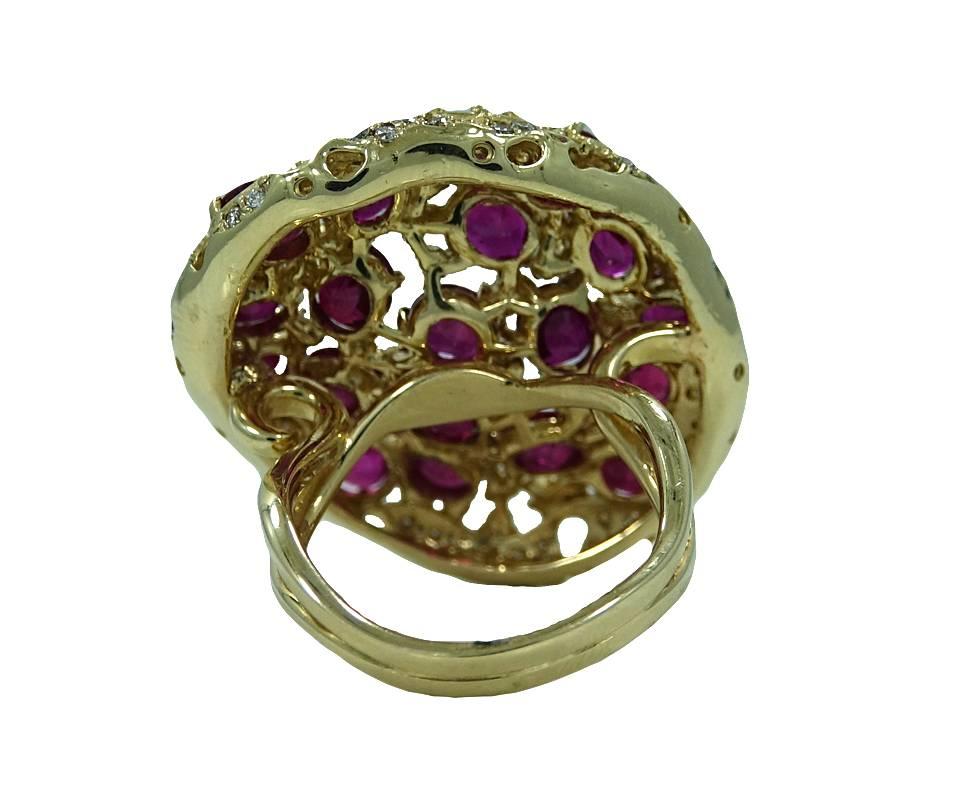 Women's 7.34 Carat Heated Burmese Rubies and Diamonds Yellow Gold Ring For Sale
