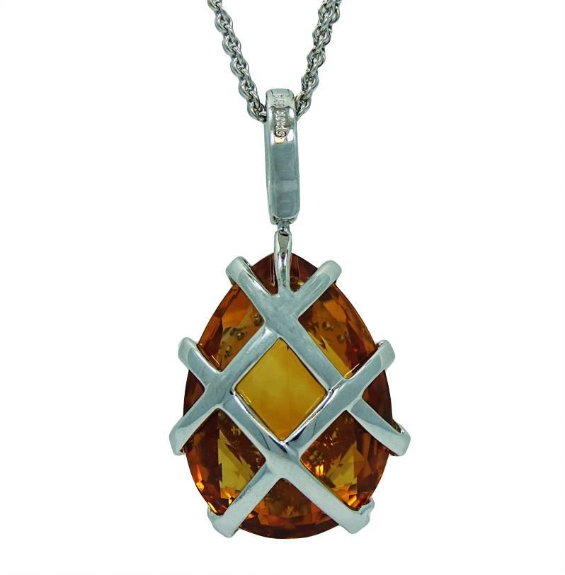 18K White Gold Necklace With Pear Shaped Madeira Citrine With Diamonds Weighing A Total Carat Weight Of .79ct G-H in Color and VS Clarity. 