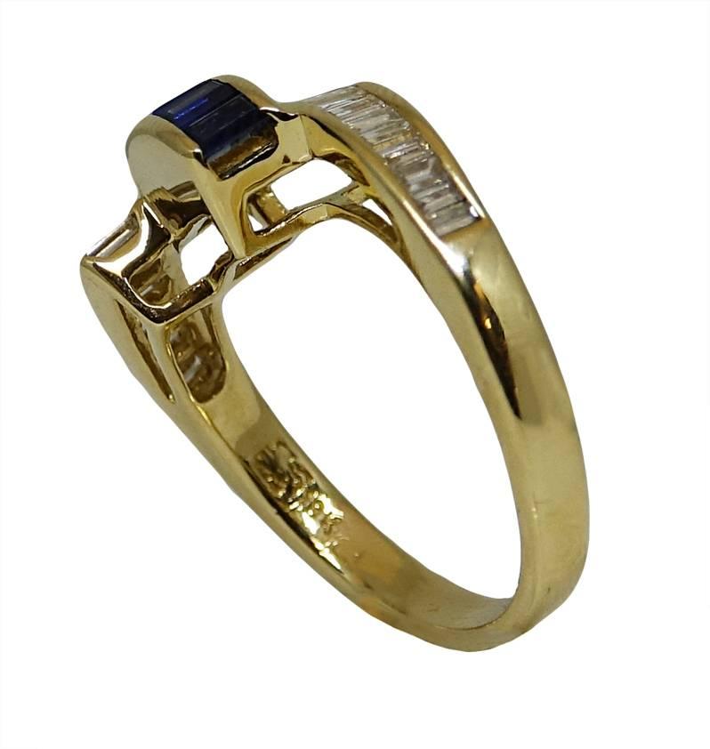 Baguette Cut Baguette Sapphires and Diamonds Yellow Gold Ring For Sale