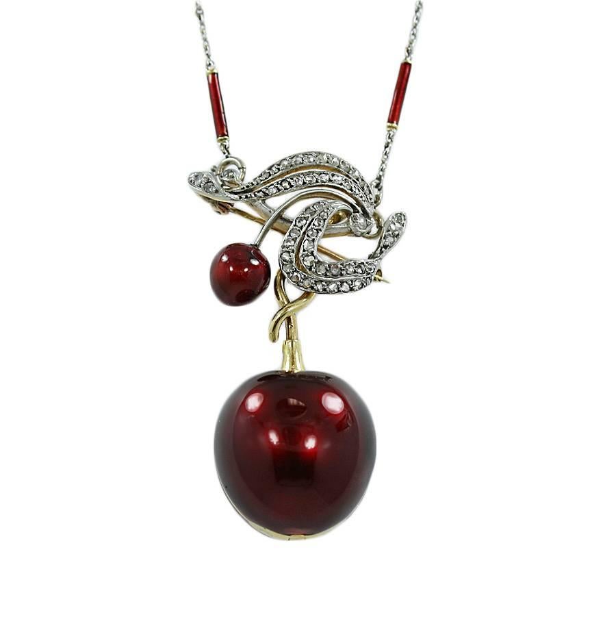 Enamel Yellow Gold Cherry Pendant Pin Watch on a Platinum Chain For Sale