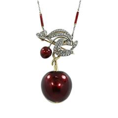 Enamel Yellow Gold Cherry Pendant Pin Watch on a Platinum Chain