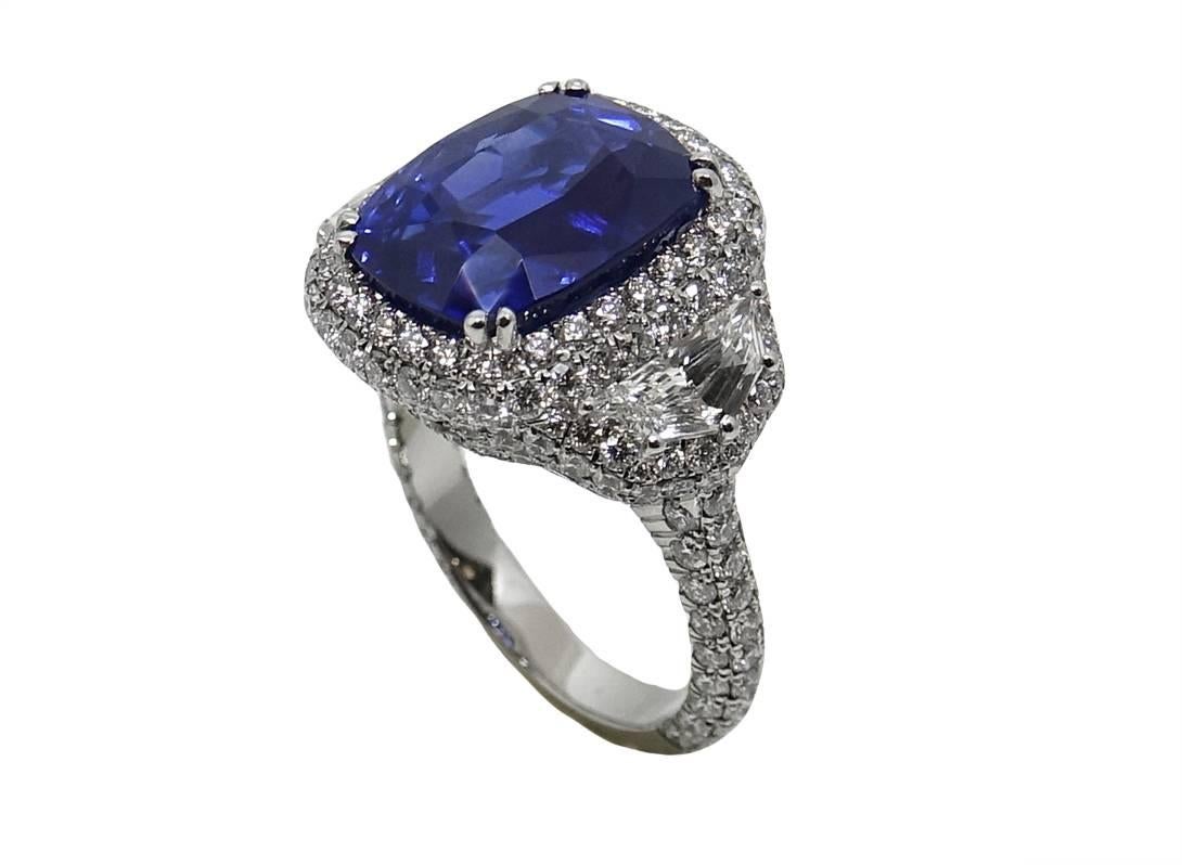 11.49 Carat Cushion Cut Sapphire and Diamond Platinum Engagement Ring In Excellent Condition For Sale In Naples, FL