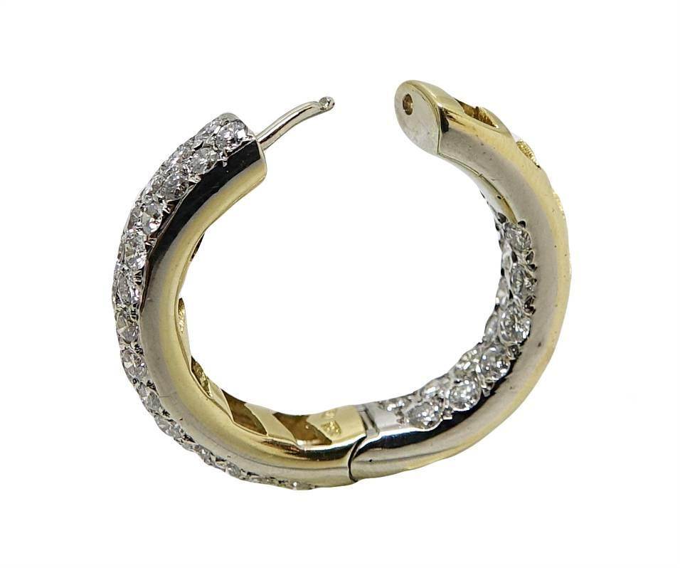 These Earrings are 18K Yellow and White Gold Inside/Outside Hoops Earrings With Pave Diamonds Weighing A Total Carat Weight Of 5.00 Carats, H-I-J Color, VS2-SI1 Clarity.