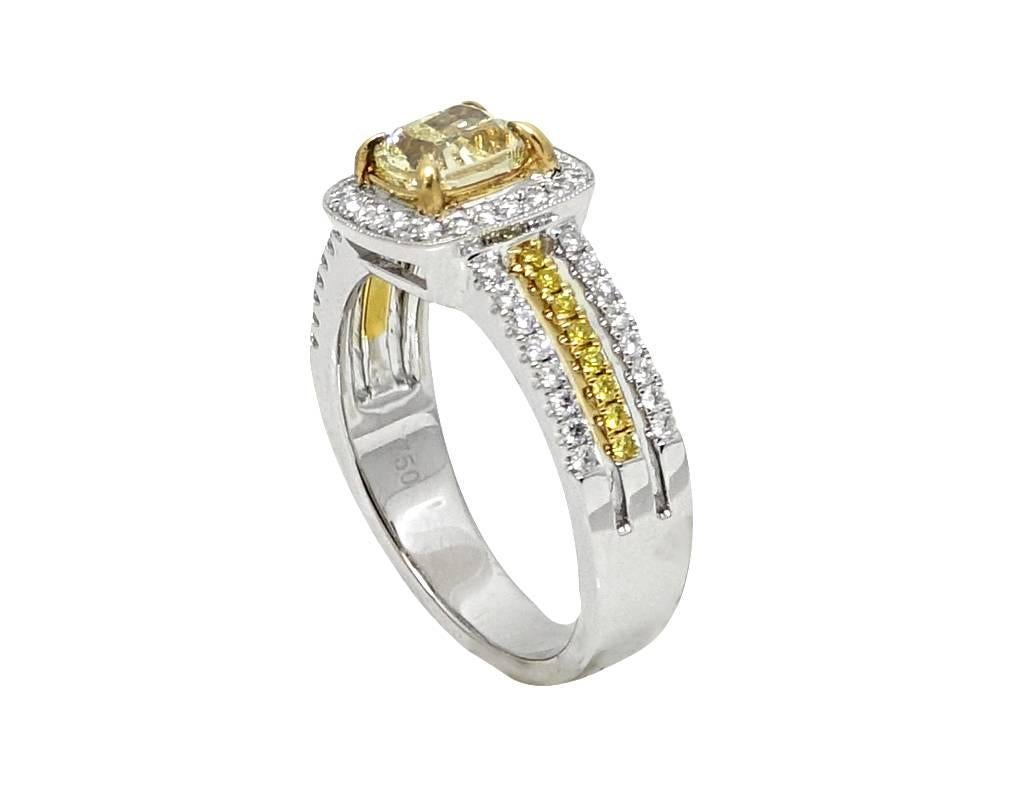 1.01 Carat Cushion Cut Yellow Diamond Engagement Ring In Excellent Condition For Sale In Naples, FL