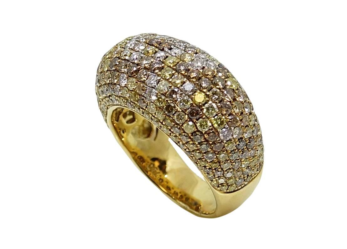 18K Yellow Gold Ring With Multi Colored Diamonds Weighing A Total Carat Weight Of 3.34 Carats. This Ring Is A Size 7.