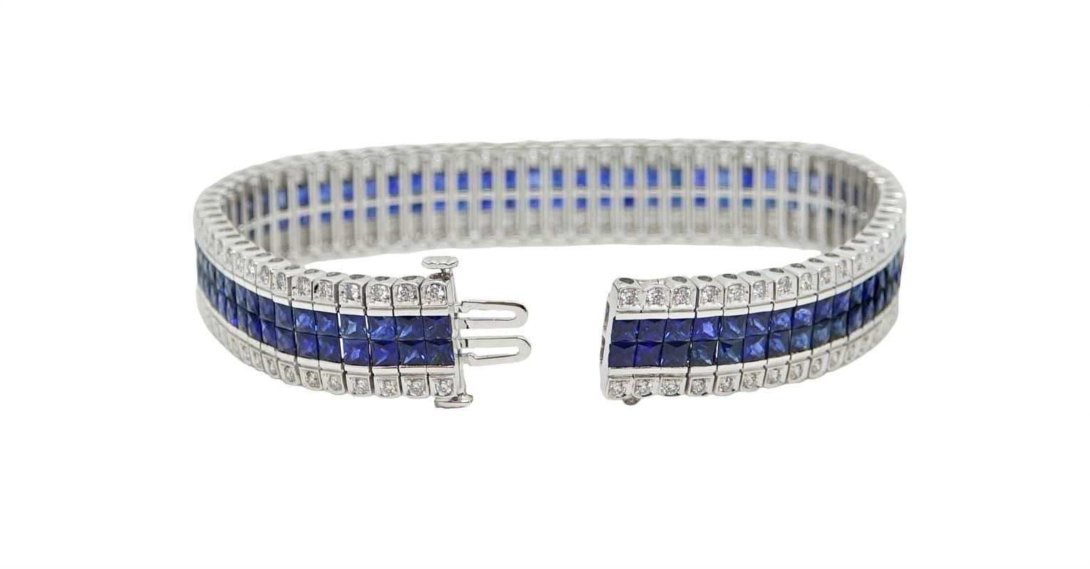 French Cut Sapphire and Round Diamond White Gold Bracelet In Excellent Condition For Sale In Naples, FL