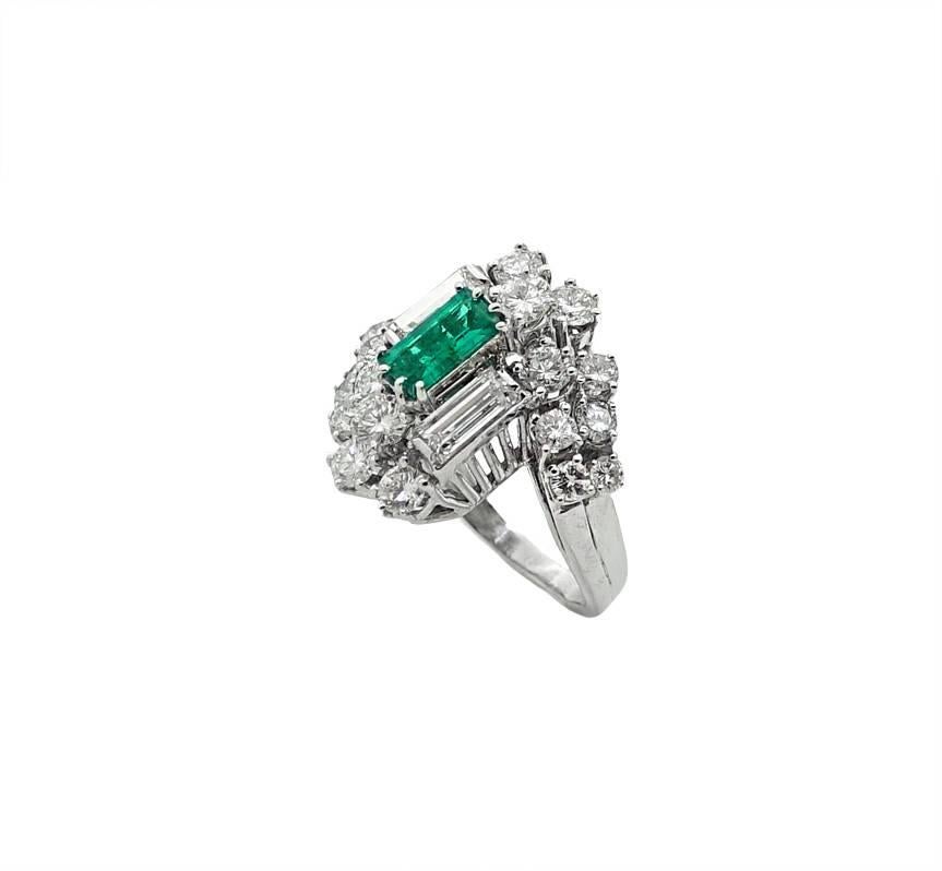 Emerald Cut Colombian Emerald and Diamond White Gold Ring For Sale