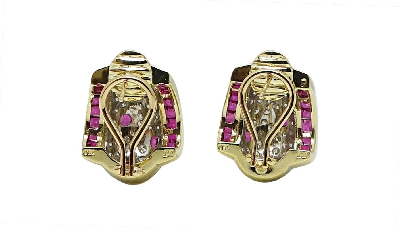 18K Yellow Gold and White Gold Earrings With Diamonds Weighing A Total Carat Weight Of 3.24 Carats G-H Color and VS In Clarity and Approximately 46 Rubies Weighing A Total Carat Weight Of 3.80 Carats.  