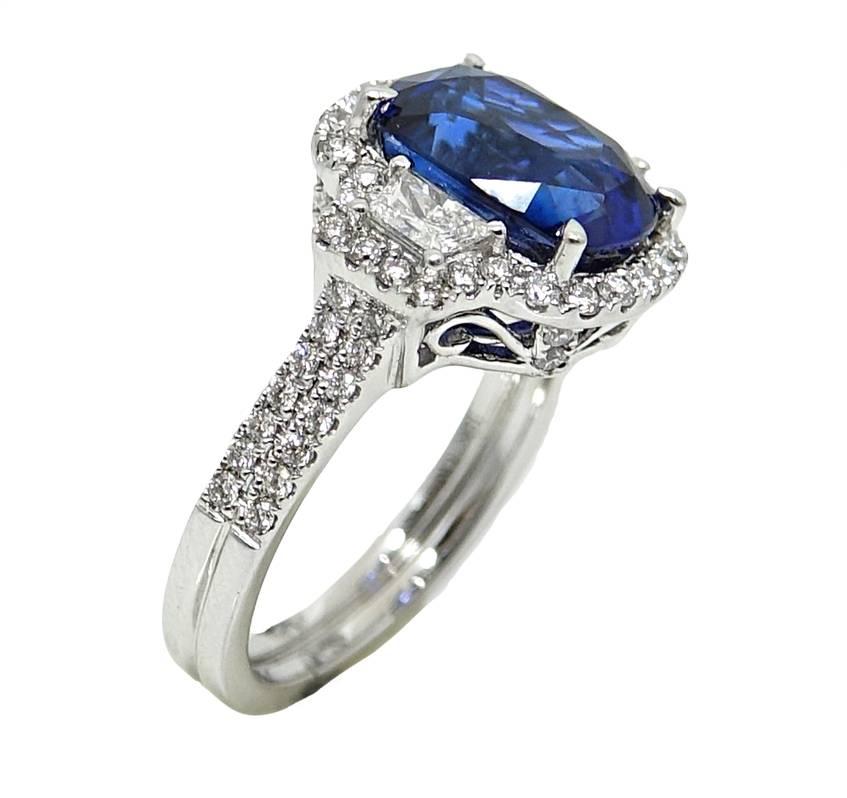 4.29 Carat Cushion Cut Sapphire and Diamond Engagement Ring In New Condition For Sale In Naples, FL