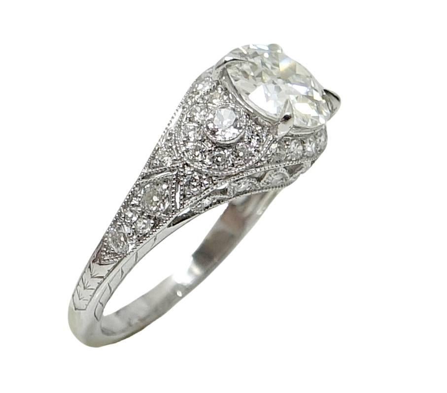 Old European Cut 1.61 Carat Diamond Platinum Engagement Ring In Excellent Condition For Sale In Naples, FL