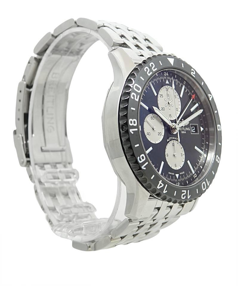 This Stainless Steel Breitling Chronoliner Mens Watch Has A Black Dial And A Bi-directional rotating black ceramic bezel. Black dial with luminous silver-tone hands and index hour markers.This Chronograph Has Three Sub-dials Displaying: 60 Second,