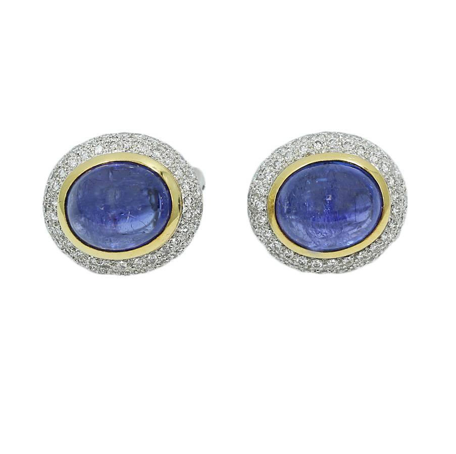 14.17 Carat Cabochon Sapphire and Diamond Button Yellow and White Gold Earrings  For Sale