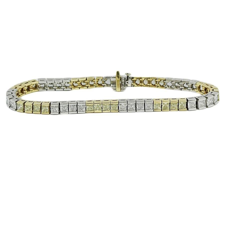 12.00 Carat Yellow and White Diamond Platinum Tennis Bracelet For Sale