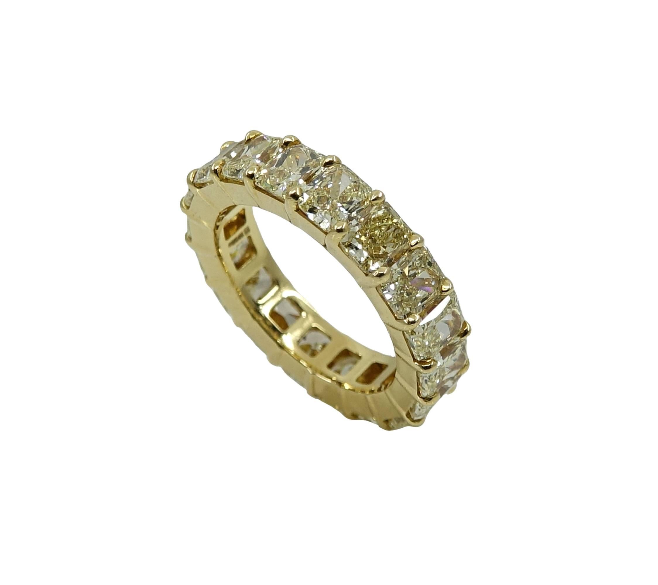 This 18K Yellow Gold Eternity Band Has 18 Gorgeous Cushion Cut Radiant Yellow Diamonds Weighing A Total Carat Weight Of 7.68 Carats. This Eternity Band Is A Size 6.