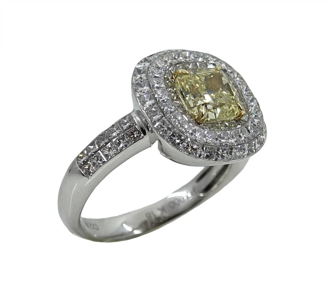 1.50 Carat Fancy Yellow Cushion Cut Diamond Engagement Ring In New Condition For Sale In Naples, FL