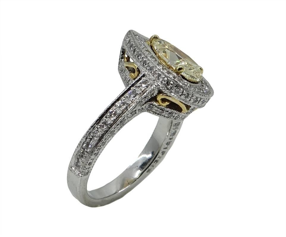 1.33 Pear Shaped Fancy Light Yellow Diamond Platinum Engagement Ring In New Condition For Sale In Naples, FL