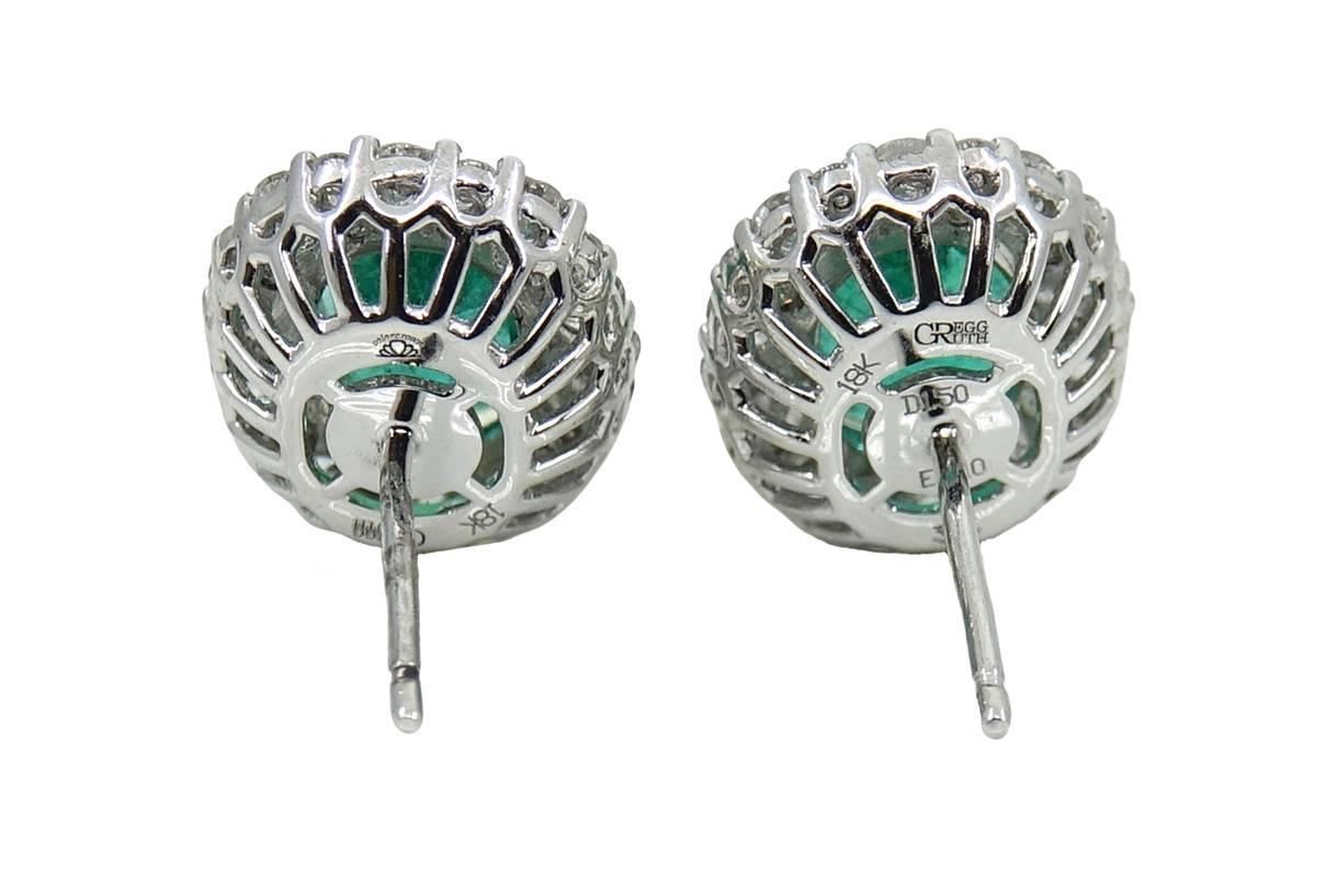 Oval Cut Gregg Ruth 3.10 Carat Emerald and Diamond White Gold Earrings For Sale